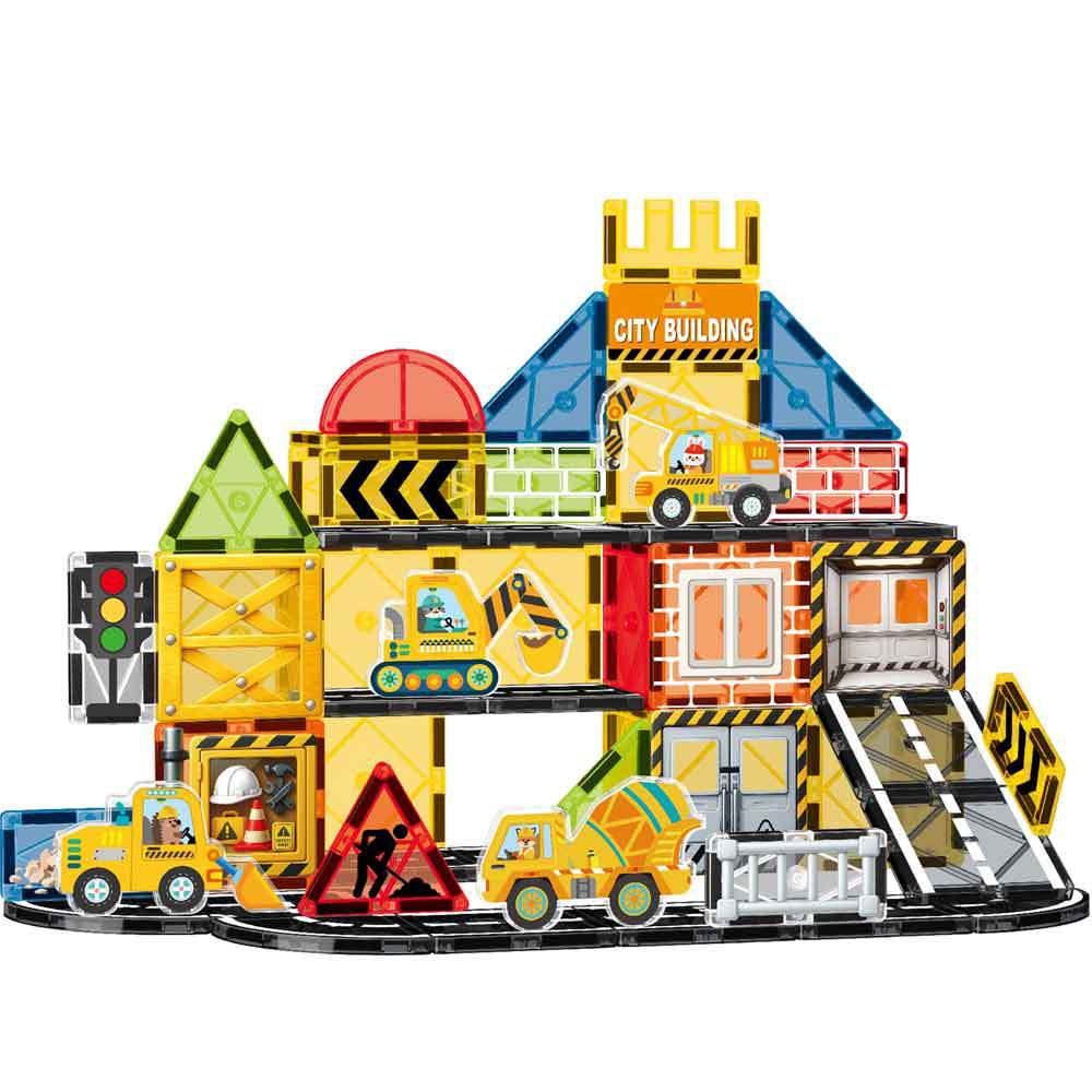 54Pcs Cross-Border Magnetic Sheet DIY Building Puzzle Engineering Vehicle Kidsren's Building Blocks City Magnetic Road Traffic Construction