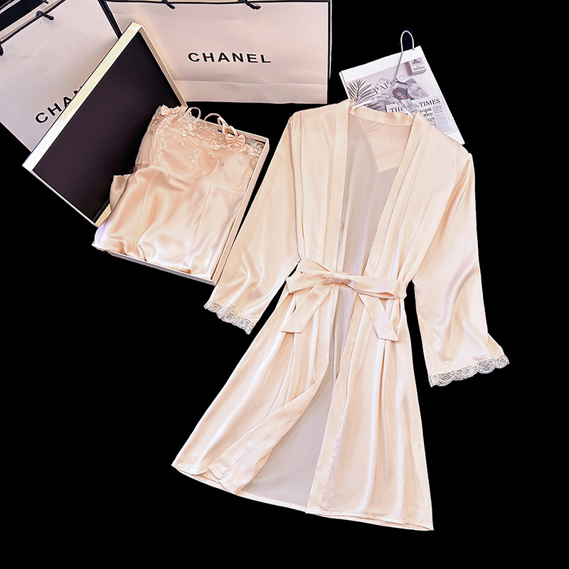 Sexy Tube Top High-End Pajamas for Women, Ice Silk Thin Style with Breast Pads, Lace Suspender Skirt, Home Wear Two-Piece Set