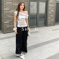 SHE U Thirteen Lines, повседневные кружевные лоскутные прямые брюки в корейском стиле для женщин, лето 2025, универсальный утягивающий костюм, брюки
