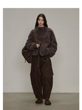 原创设计女装冬季加绒加厚短款仿羊羔毛外套女上衣裤子绵羊绒串珠