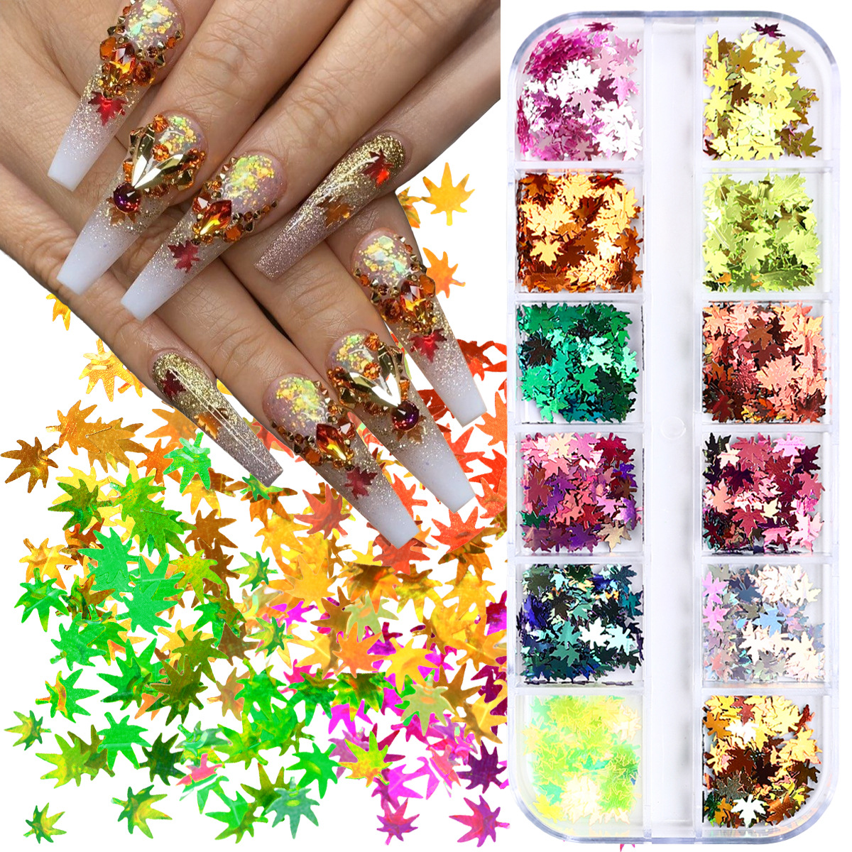 Red manicure sequinilla de arce sequinilla láser otoño al por mayor DIY barra 12 cuadrícula manicure decoración sequinilla