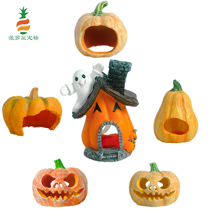 Venta caliente pecera acuario decoración de resina escondida decoración de la casa calabaza sumergida paisaje de Halloween olla de reproducción desove