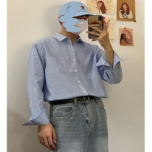 Striped Long-Sleeved Shirt Men's Summer Casual Loose Shirt Ins Hong Kong Style Cool and Dashing Trendy Casual Outerwear 