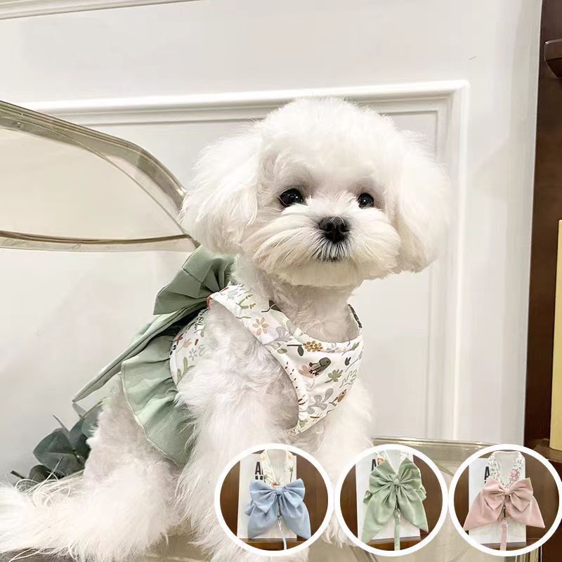 Japanese-Style Three-Way Outdoor Harness with Bowknot, Half-Vest Style, Suitable for Dogs Like Bichon and Teddy, and Cats