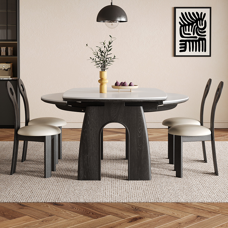 Mesa de comedor plegable de madera sólida medieval, mesa redonda de comedor tipo pequeño hogar retráctil de alta gama de tabla de roca, mesa de comedor retro y silla combinada