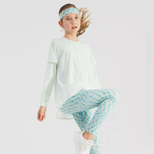 New Summer Girls Children Yoga Set Long Sleeve Double Layer Lightweight Breathable Sun Protection False Two-Piece Quick-Dry Exercise Fitness Clothes