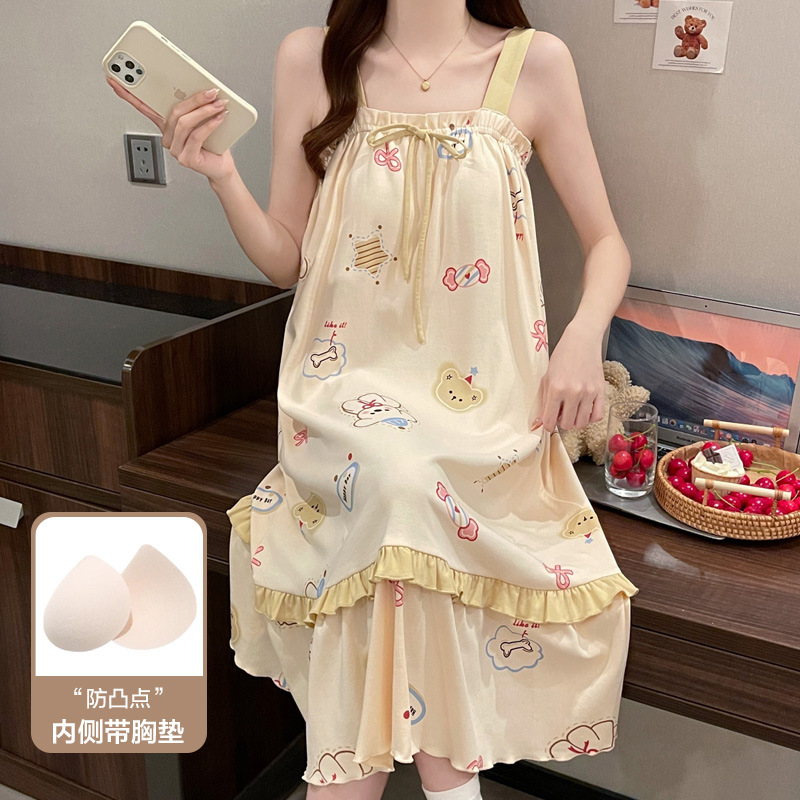 Nightgown Summer Women's 2025 New Pure Cotton Pajamas Girl's Sling Cute Sexy Summer Home Clothes with Chest Pad