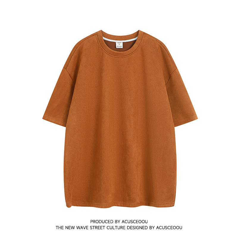 Suede short sleeved T-shirt for men's 2024 summer new trendy brand loose solid color top_voghion.com