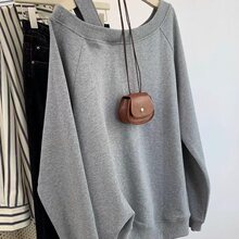 纯棉灰色斜肩宽松慵懒风露肩卫衣女春秋春夏套头长袖上衣外套