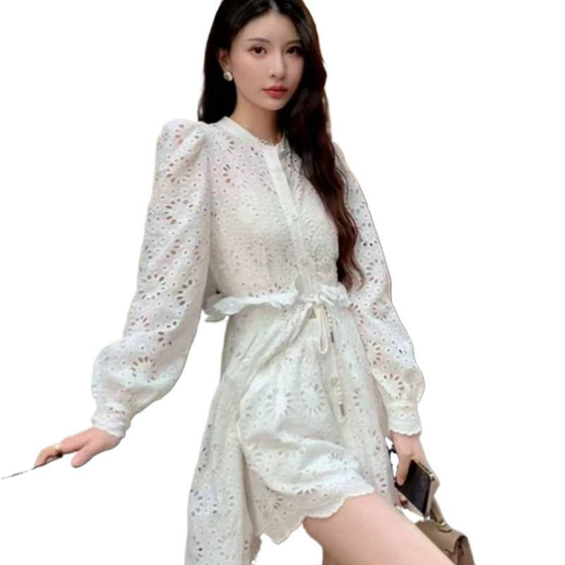 春秋新款女设计感小众镂空白色蕾丝裙法式重工长袖连衣裙套装|undefined