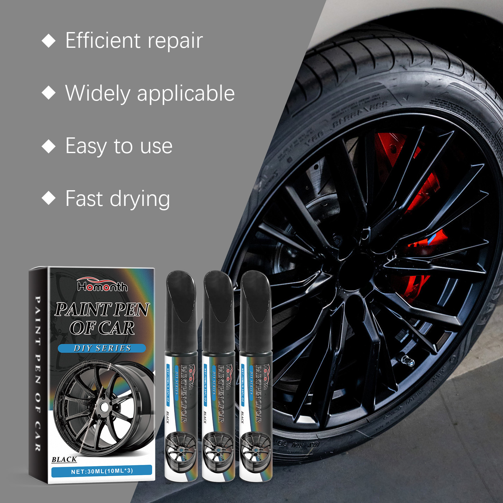 Cross-Border Homonth Black Car Wheel Scratch Repair Pen Paint Scratch Removal and Repair Touch-Up Pen