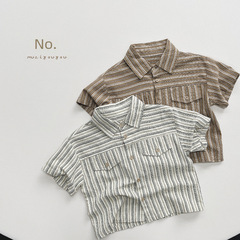 Men's Short Sleeve Shirt Summer Medium and Small Children Vertical Striped Personality Girls' Korean Version Forest System Trendy Children's Cotton T-shirt Children's Top