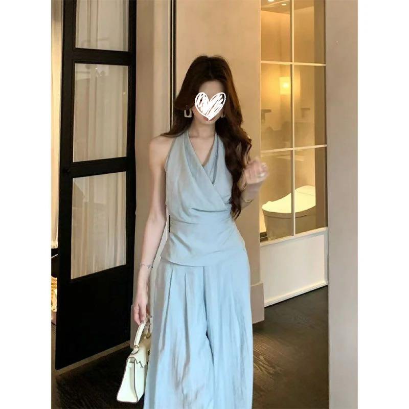 ニッチな気質のホルターネックノースリーブトップとドレープワイドレッグパンツスーツ女性用その他スパンデックス無地|undefined