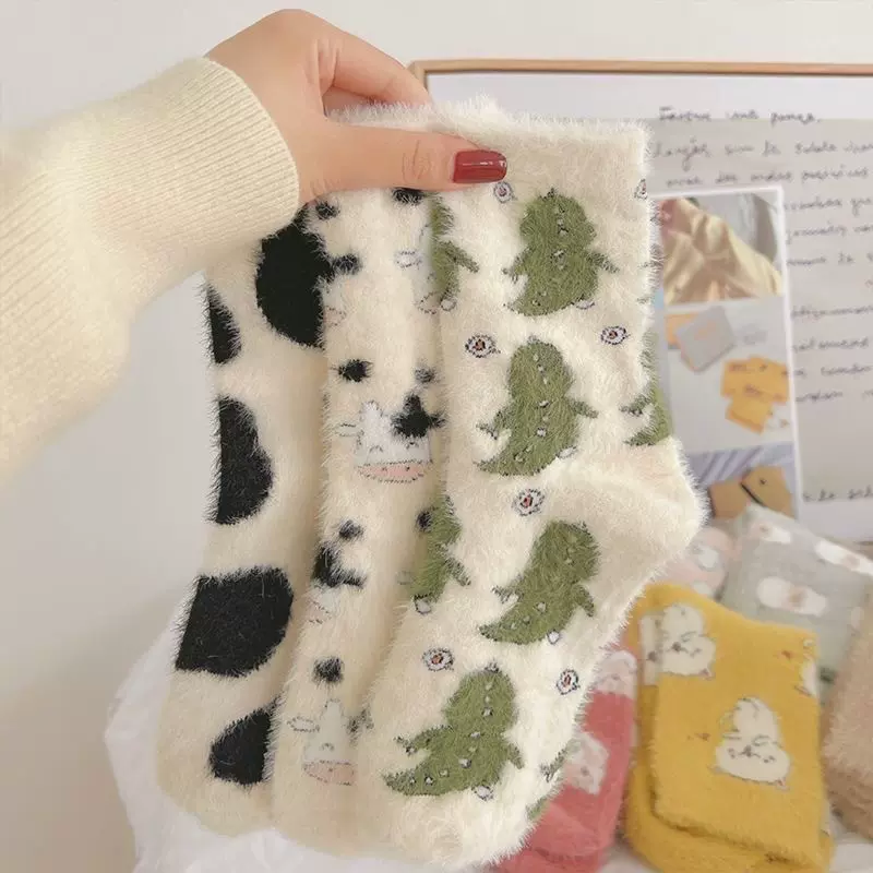 春达水貂绒袜子女秋冬加绒加厚保暖卡通居家中筒地板袜月子睡眠袜