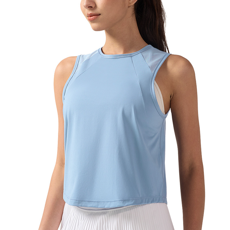 Lulu chaleco deportivo corto para mujer, núcleo de malla, succión, secado rápido, transpirable, ropa de yoga sin mangas, blusa casual con cuello redondo