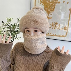 冬の女性の防寒暖かいファーボールプルオーバー帽子屋外防風包頭耳保護帽子スカーフオールインワンぬいぐるみ帽子