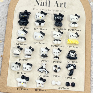 Black and White Kitty Cat Cartoon Nail Art Accessories Sweet Cool Cute Bow Hello Kitty Resin DIY Wear Armor Accessories