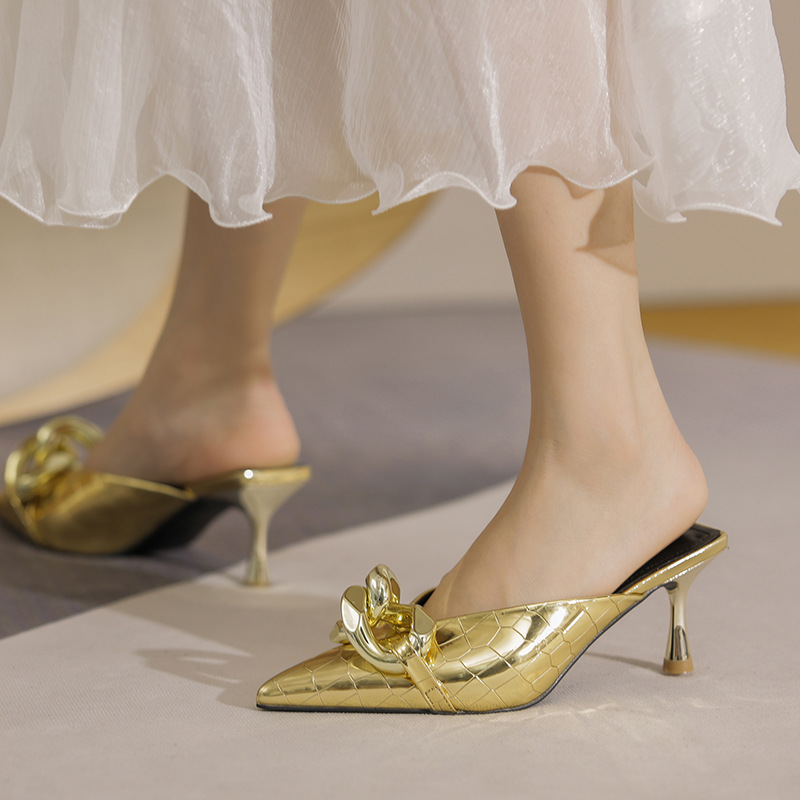Women's Silver High-heeled Slippers With Chain And Pointed Toe_voghion.com