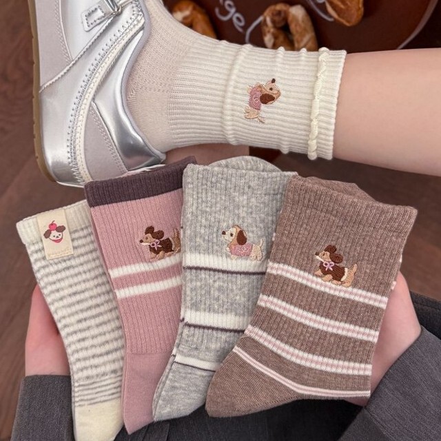 Cute Women's Mid-Calf Socks Made of Pure Cotton for Spring and Summer, Featuring Cartoon Puppy Embroidery, Paired with German Training Shoes, Sporty Lace-Up Socks