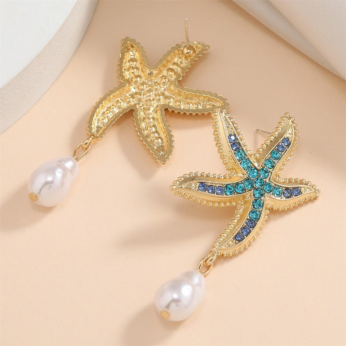 Wholesale Jewelry Vintage Style Starfish Alloy Rhinestones Plating Inlay Drop Earrings display picture 4