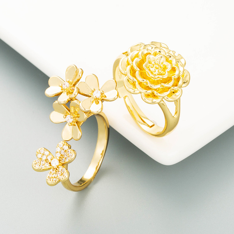 Mode Übertrieben Kupfer Überzogen 18 Karat Gold Blume Offener Ring Persönlichkeit Trend Party Ring Zubehör display picture 2