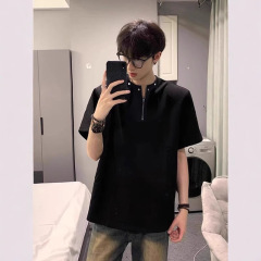 高级感ハーフジッパーショルダーtシャツメンズcleanfit重ポンド半袖アメリカンハイストリートリベットデザインセンス半袖