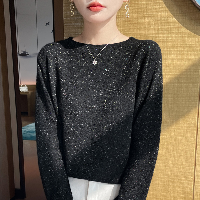 精纺羊毛休闲灰色长袖针织衫女2025年秋季新款打底舒适女装上衣|undefined