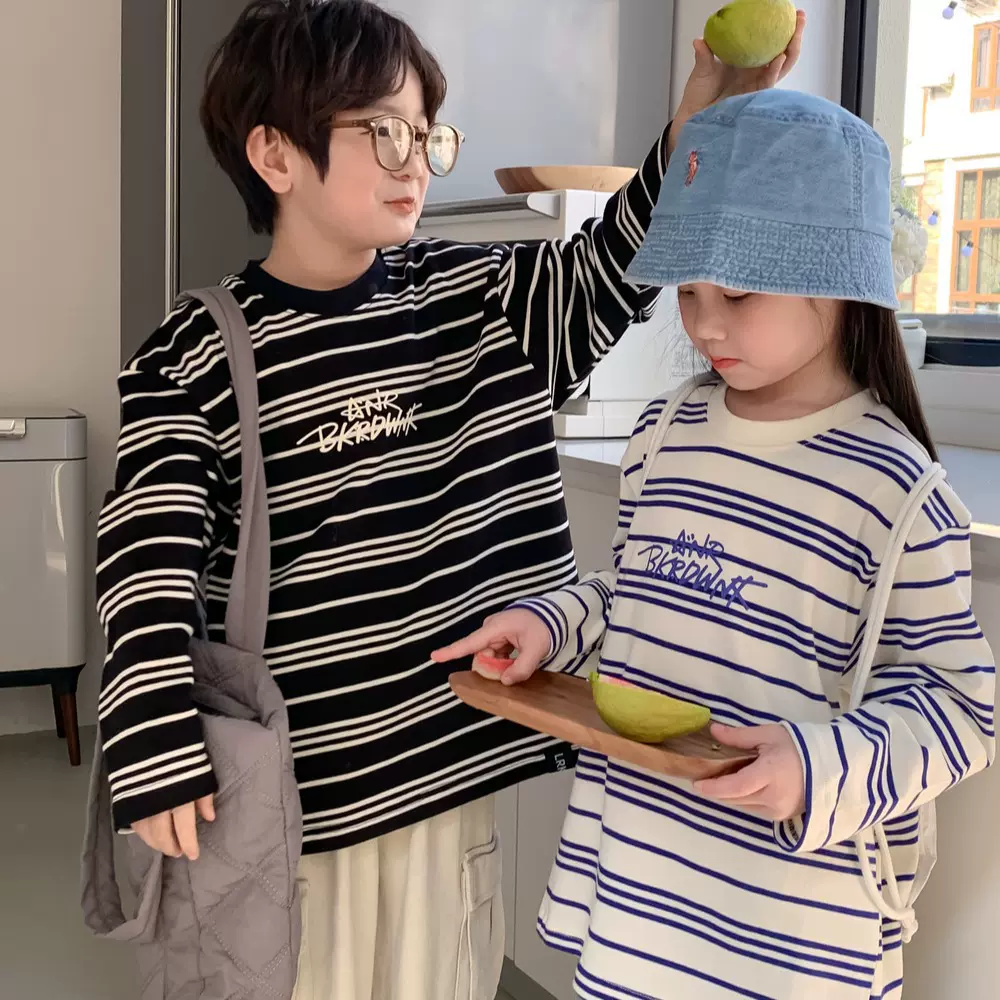 童卫衣2025春款男童女童韩版字母条纹T恤儿童圆领宽松休闲打底衫