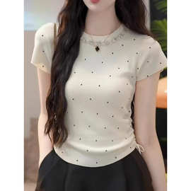 韩系时尚波点亮片系带短袖恤女新款夏季独特漂亮掐腰小上衣