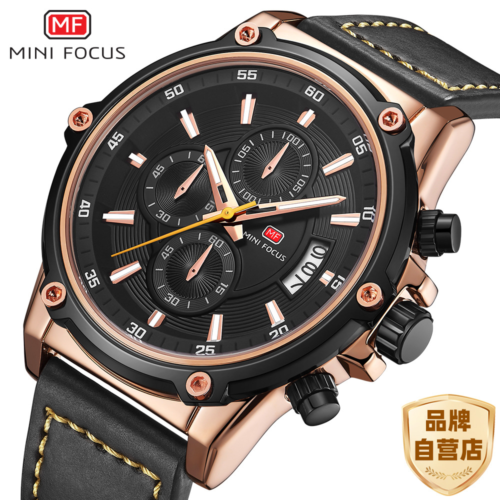 MINI FOCUS Business Fashion Large Dial Men's Watch Three-eye Six-pin Calendar Luminous Waterproof Men's Watch 0175G