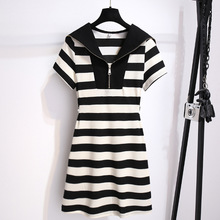 甜辣海军领风连衣裙女收腰2025年夏季新款休闲黑白横条纹T恤裙子