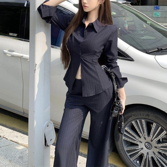 御姐高级感套装气质polo领长袖条纹衬衫女秋季微喇叭休闲裤两件套|undefined