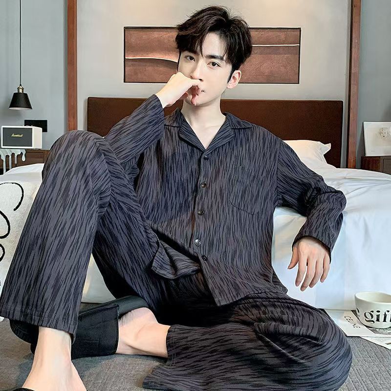 2025 새로운 남성 잠옷 봄과 가을 긴팔 바지 봄 십대 소년은 집 밖에서 옷 세트를 입을 수 있습니다