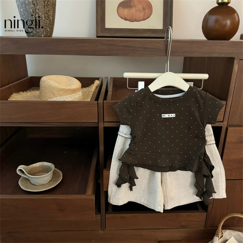 【Ningli】Chestnut Mochi! 2026 Summer Sweet Polka Dot Design T-Shirt and Ramie Pants for Baby Girls 【Ningli】Chestnut Mochi! 2026 Summer Sweet Polka Dot Design T-Shirt and Ramie Pants for Baby Girls