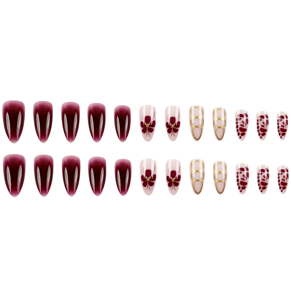 Venta caliente transfronteriza uñas de uñas rosadas y moradas flores retro uñas postizas repetibles 24 piezas de uñas portátiles de diamantes al por mayor
