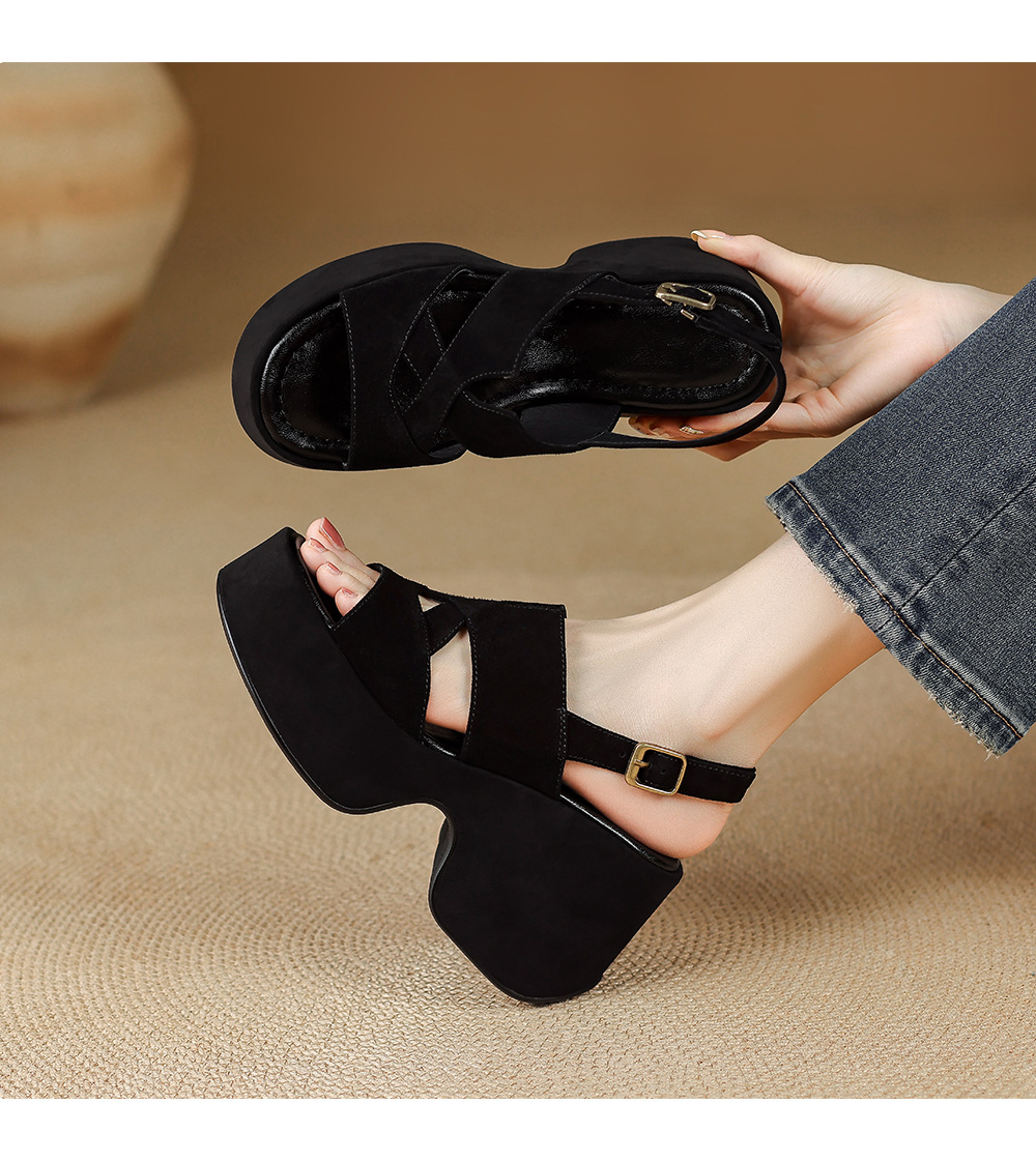 Sandal cao gót nữ đế platform da lộn quai ngang gót 9 cm — Da cừu đen lật, Da cừu đen chi tiết 5