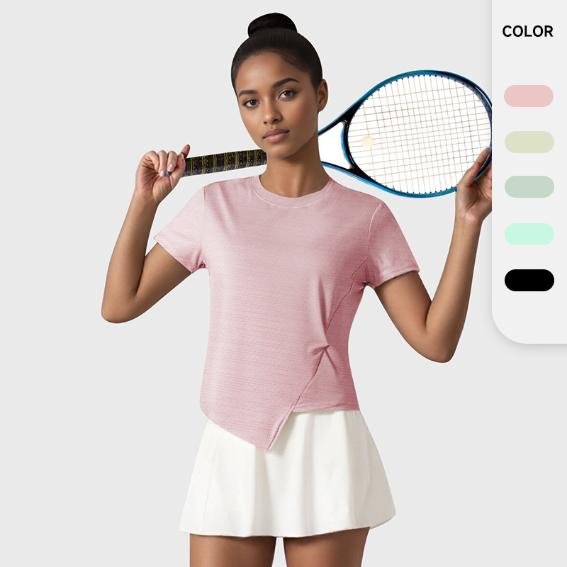 Camiseta deportiva de manga corta para mujer, estilo europeo y americano, para comercio transfronterizo, de secado rápido, para correr al aire libre, yoga, baile, fitness, transpirable, con cuello redondo