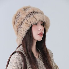 秋冬兔毛渔夫帽女款毛线帽大帽檐显脸小保暖加厚护耳醒狮帽护耳帽