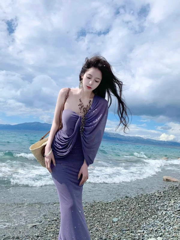 紫色雪纺高级感露背重工不规则连衣裙海边拍照旅游度假沙滩包臀仙|undefined