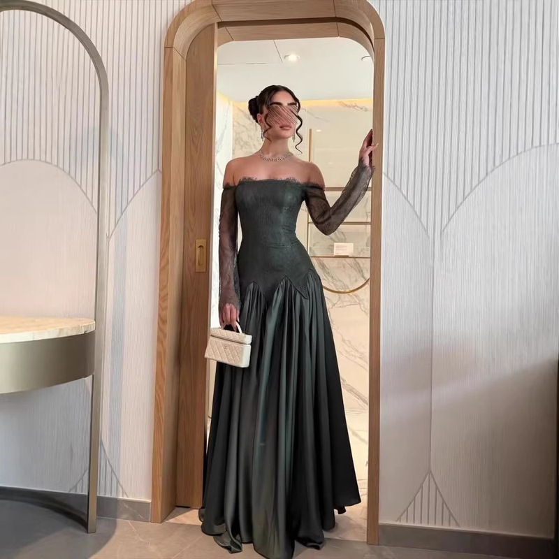 2026 New Style French Tube Top Evening Dress for Women with Long Sleeves, Lace Splicing, Satin Slim Fit, Waist-Cinching, Green Dress