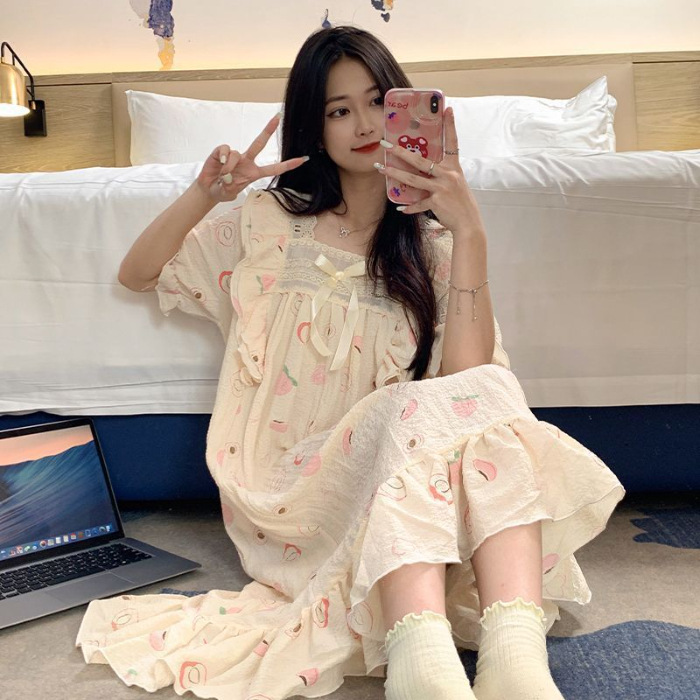 Pijama de mujer de verano tejido espuma tejida tela arrugada pijama de mangas cortas princesa vestido de viento suelto vestido de casa de verano