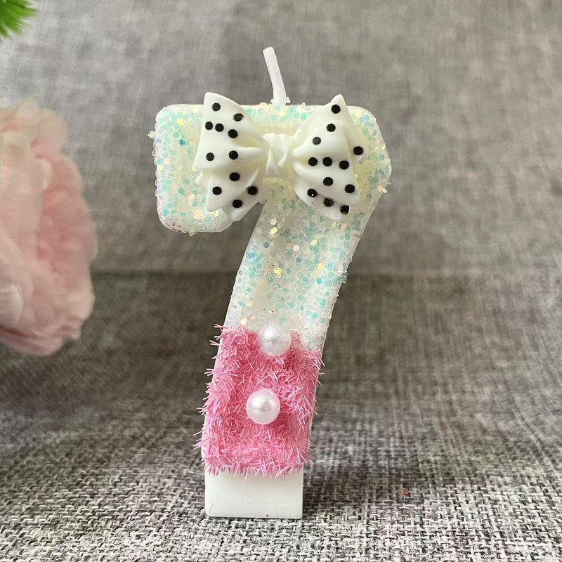 クリエイティブピンクパールリボンデジタルキャンドル誕生日キャンドルケーキ雰囲気誕生日装飾キャンドルプラグイン|undefined