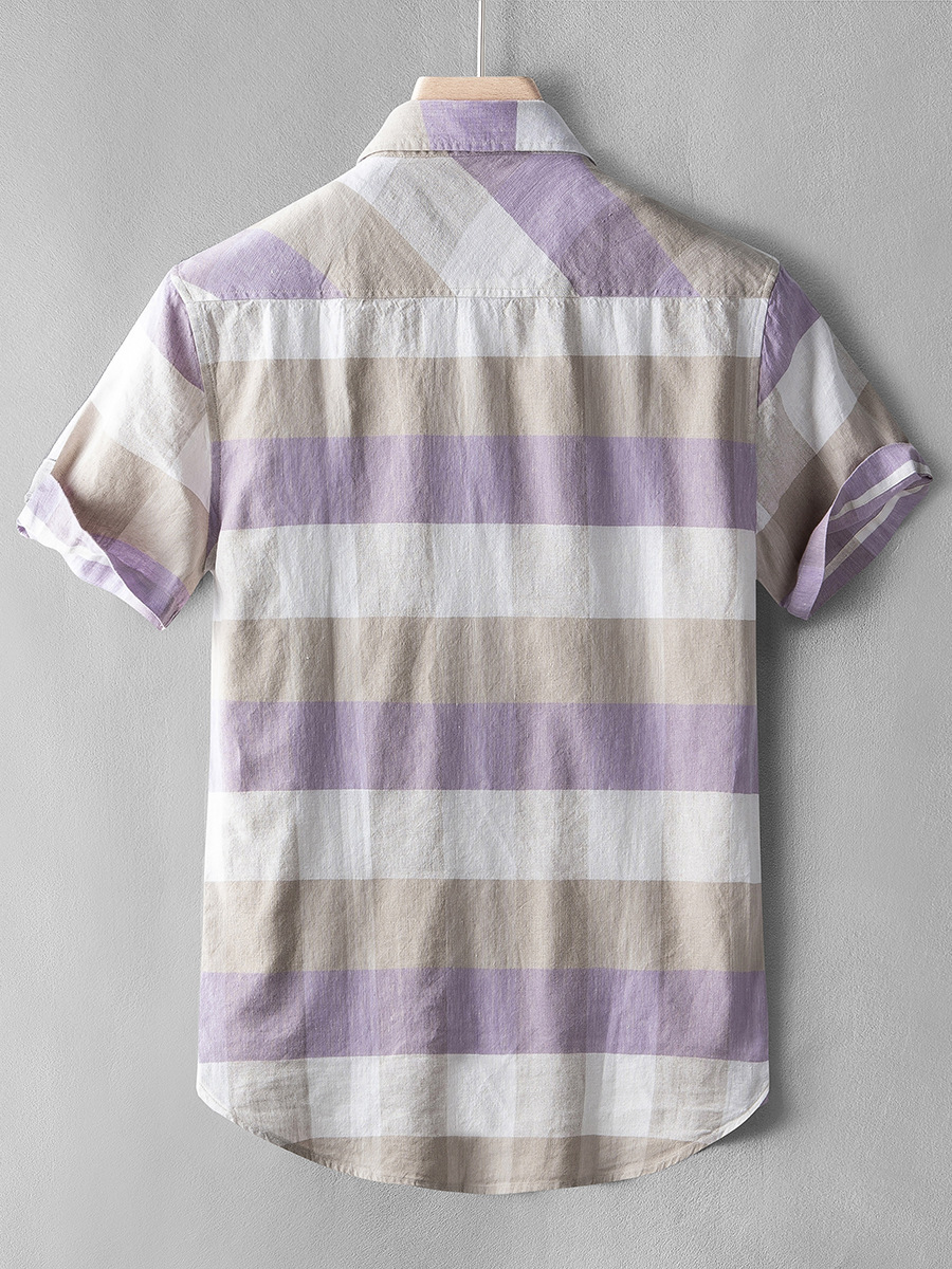 Camisa casual de lino juvenil Camisa de manga corta a cuadros a juego de color para hombre Camisa delgada a cuadros floral delgada de algodón y lino media manga verano