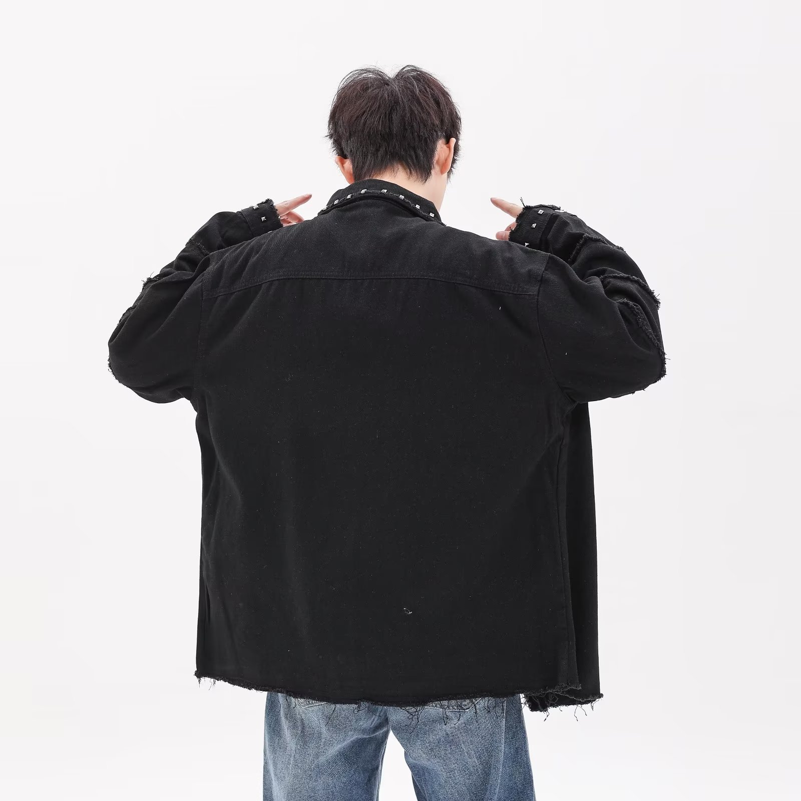 (2개) 금속 펑크 리벳 디자인 센스 데님 재킷 가을 버 하이 그레이드 블랙 재킷 유니섹스