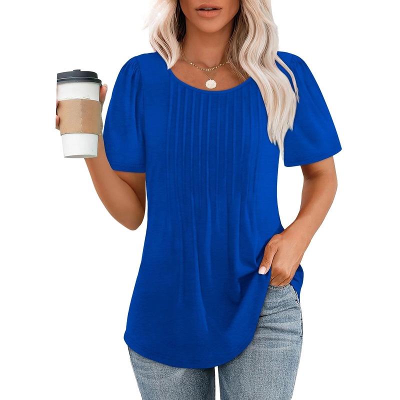 2025 アマゾン貿易ルーズヨーロッパとアメリカの新しいスタイルのプリーツラウンドネック半袖 Tシャツレディーストップストリップ無地婦人服|undefined