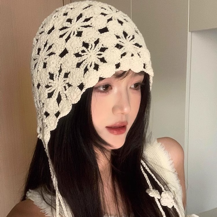 Primavera y verano sombrero de crochet hecho a mano mujer hueco flor transpirable sombrero de pila bordilla dulce lindo sombrero delgado