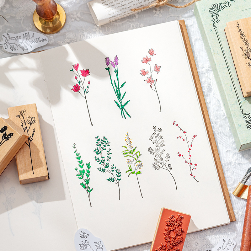 Flores y plantas, sello de caja de madera, flor fresca, flor, sello de decoración, sello de flores transfronterizas