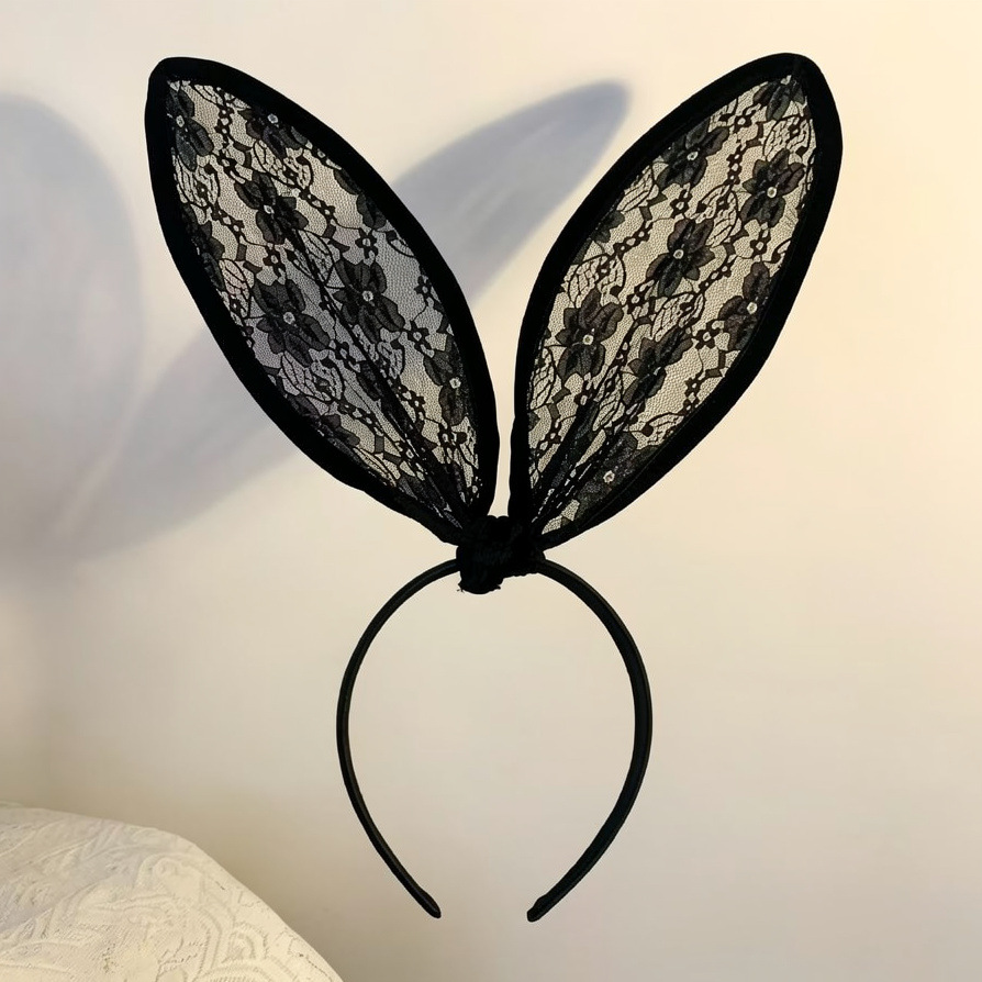 Lace Bunny Ear Headband with Blindfold and Bell, Black Handmade Party Headwear — detail image 10