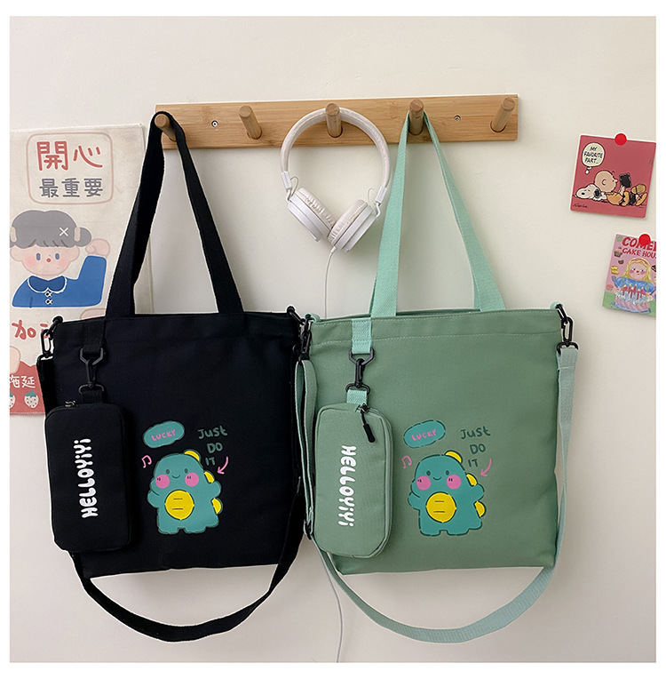 Cute Style Square Shape Medium Size Women's Cute Letter Dinosaur Canvas Shopping Bags
