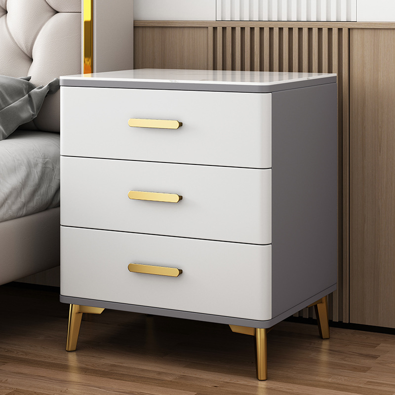 Mesita de noche con tres cajones de madera maciza, tablero de roca, estilo moderno y sencillo, gabinete elevado de tres niveles, gabinete de almacenamiento para dormitorio principal, acabado lacado.